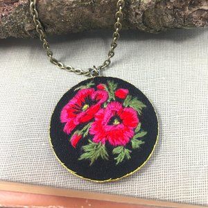 Round Hand Embroidered Red Poppies Bouquet Pendant Necklace